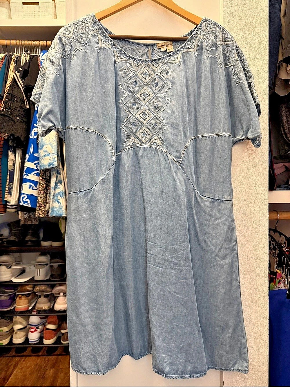 Anthropologie Holding Horses Embroidered Chambray Dress Blue M